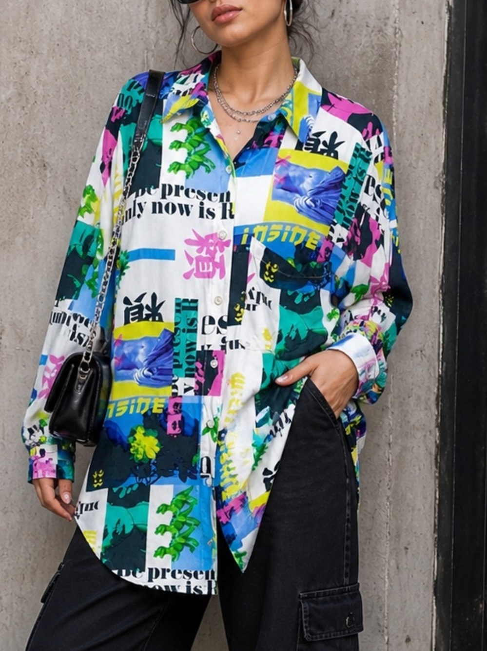 Bershka Oversized Graphic Collage Button Down | Y2K Streetwear Blouse